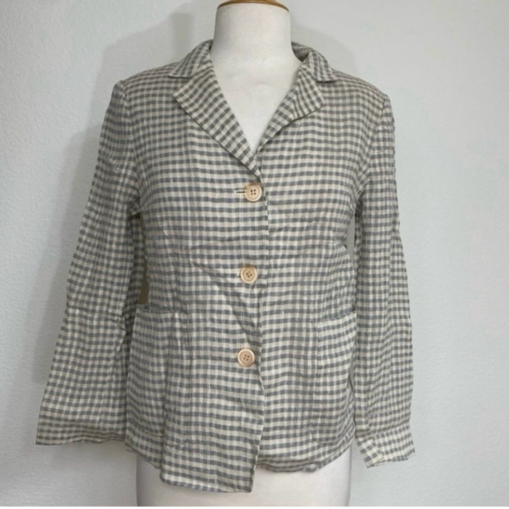 Vintage Prendang Womens Grey Cream Metallic Gingham Classic Button Blazer Size S